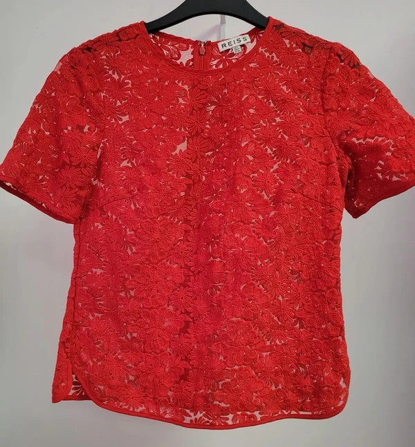 Reiss Oriana Red UK 4 Semi-Sheer Daisy Embroidered Top Pre-Owned