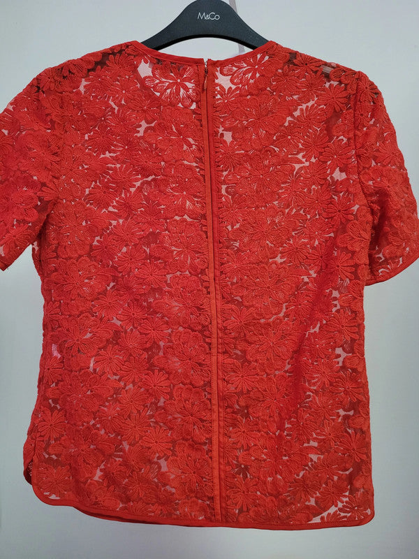 Reiss Oriana Red UK 4 Semi-Sheer Daisy Embroidered Top Pre-Owned