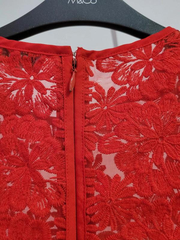 Reiss Oriana Red UK 4 Semi-Sheer Daisy Embroidered Top Pre-Owned