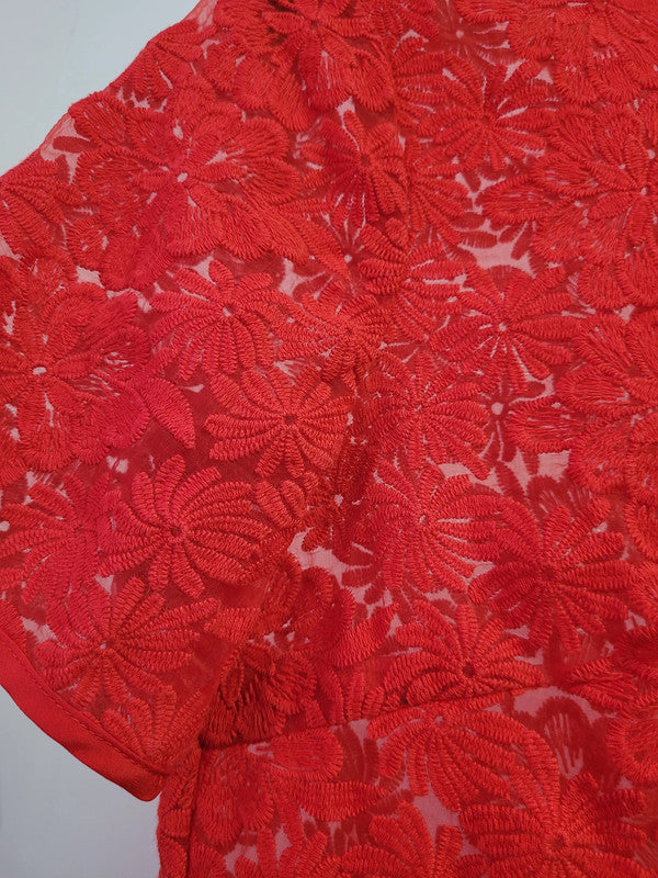 Reiss Oriana Red UK 4 Semi-Sheer Daisy Embroidered Top Pre-Owned