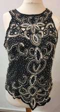 Black Sleeveless Top with Sequins, Pearl &amp; Bugle Beading UK 10/12 Pre-Owned