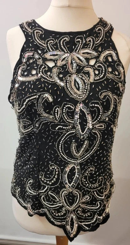 Black Sleeveless Top with Sequins, Pearl &amp; Bugle Beading UK 10/12 Pre-Owned