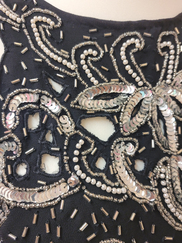 Black Sleeveless Top with Sequins, Pearl &amp; Bugle Beading UK 10/12 Pre-Owned