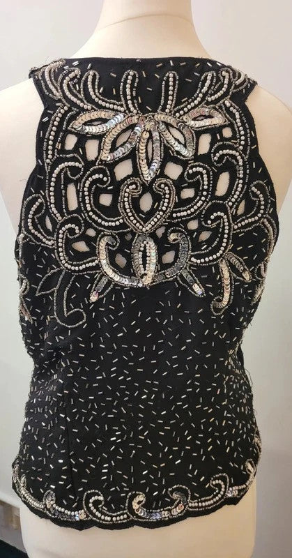 Black Sleeveless Top with Sequins, Pearl &amp; Bugle Beading UK 10/12 Pre-Owned