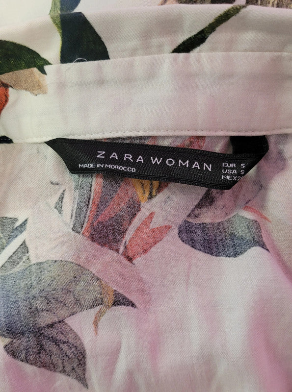 Zara Woman White &amp; Floral Dress Size Small Pre-Owned