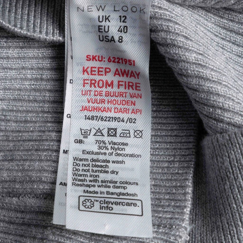 New Look Women's Grey Ribbed Top Size 12 NWT