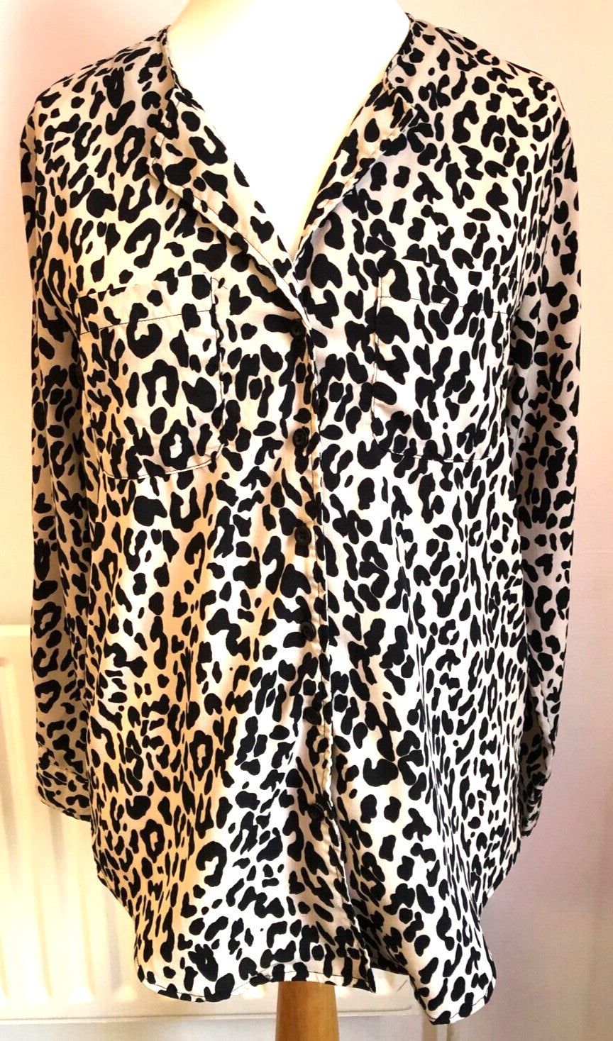Boohoo Top UK10 Cream/Black Leopard Print Button Through Long Sleeve New