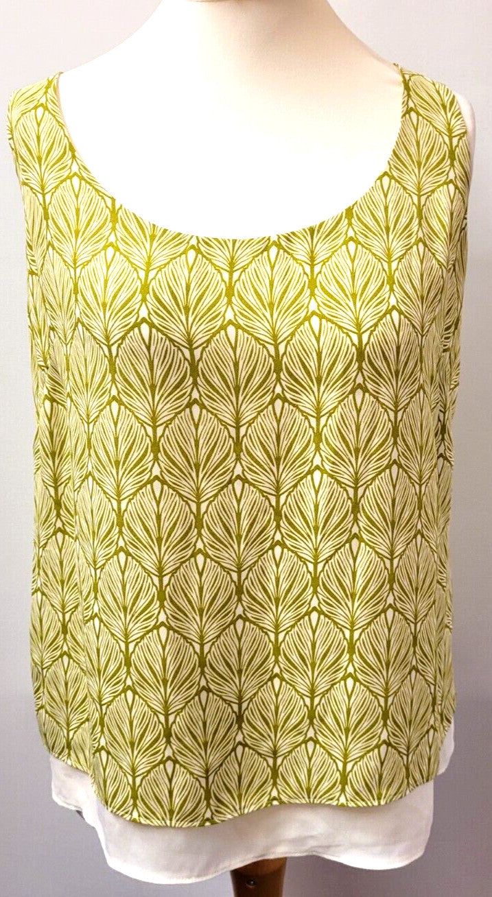 Jasper Conran Tunic Top UK12 Cream/Green Leaf Print Sleeveless Pre-Owned