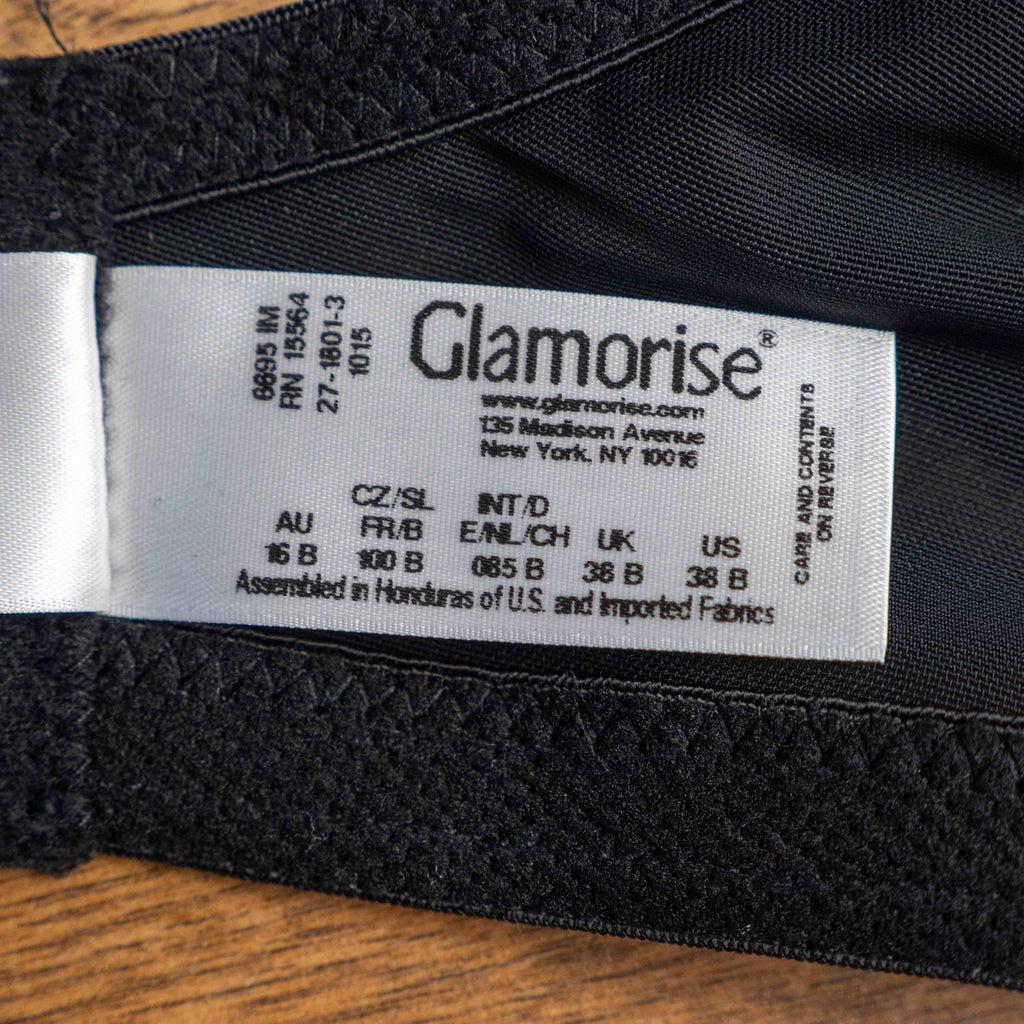 Glamorise black floral bra with pink and white pattern, adjustable straps, non-padded design.