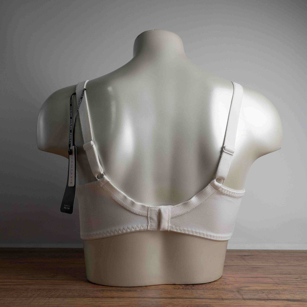 Fantasie white underwire bra size 36E with adjustable straps and supportive cups.