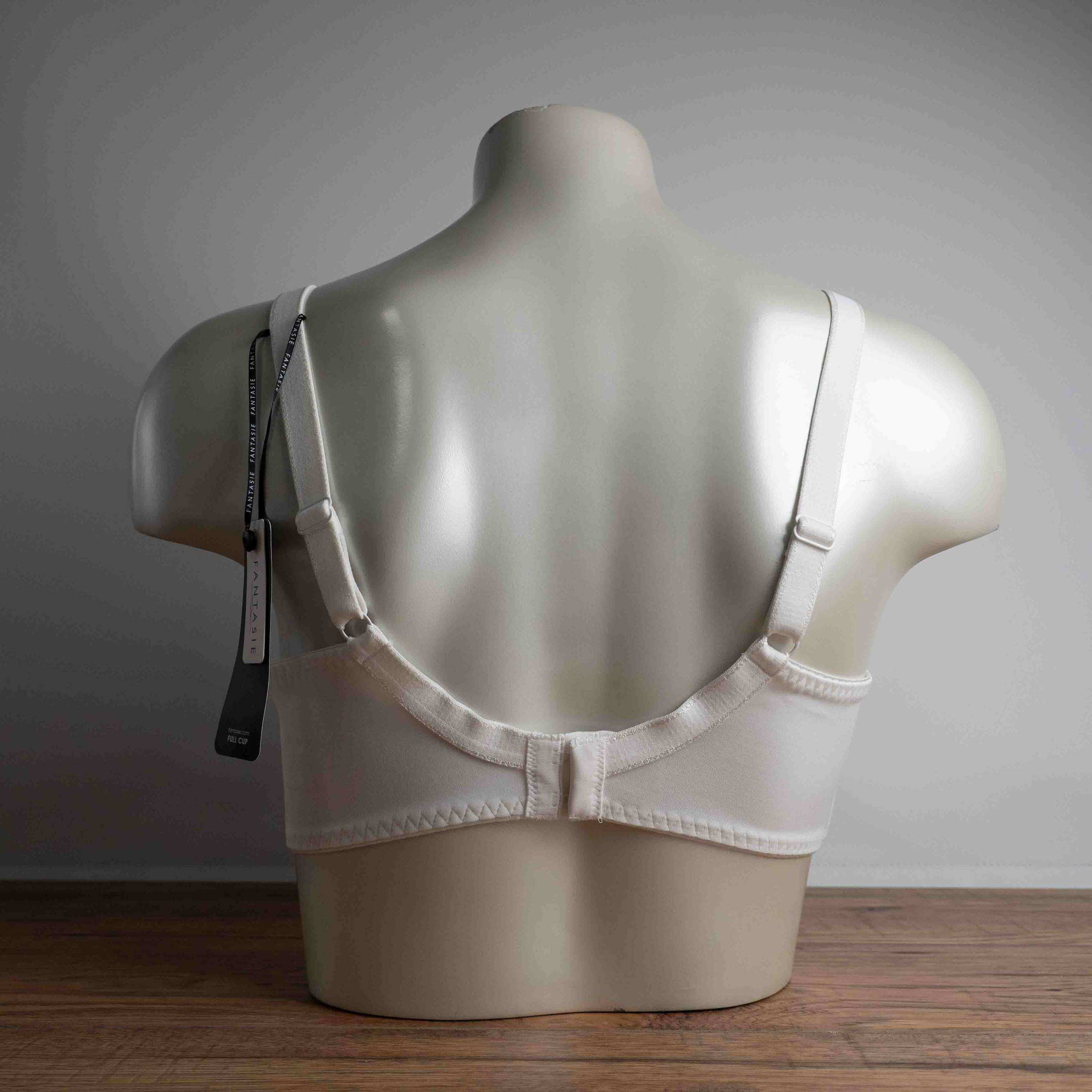 Fantasie white underwire bra size 36E with adjustable straps and supportive cups.