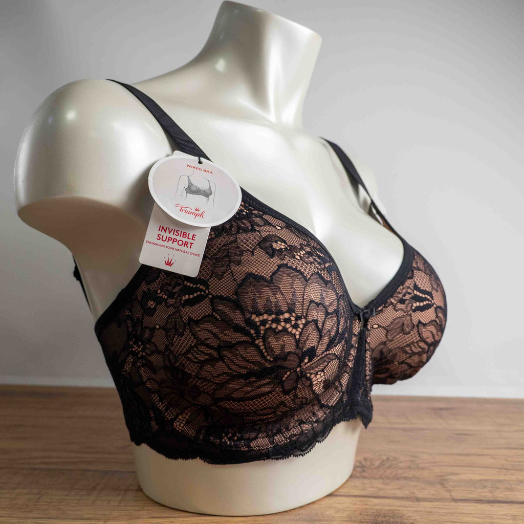 Triumph black lace bra with elegant overlay, underwired, adjustable straps, brand new with tags.