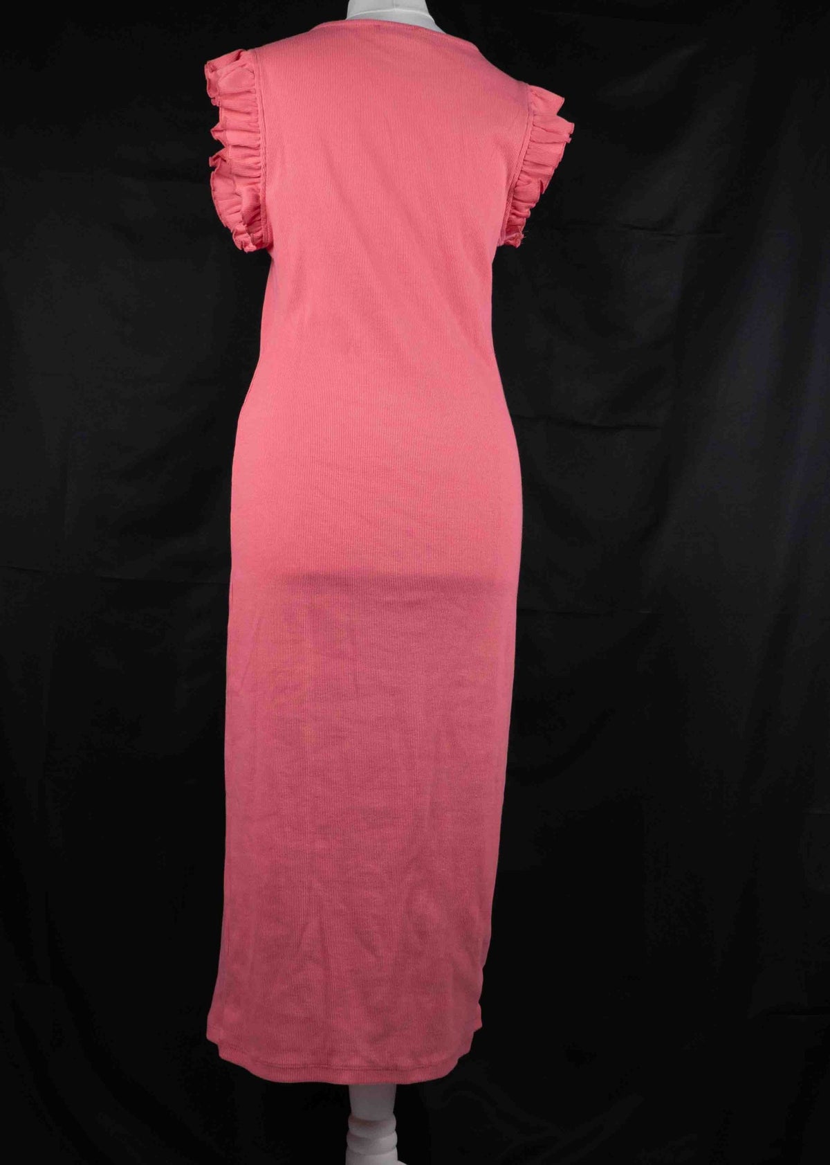 Papaya pink midi dress with ruffle sleeves and soft ribbed knit fabric.