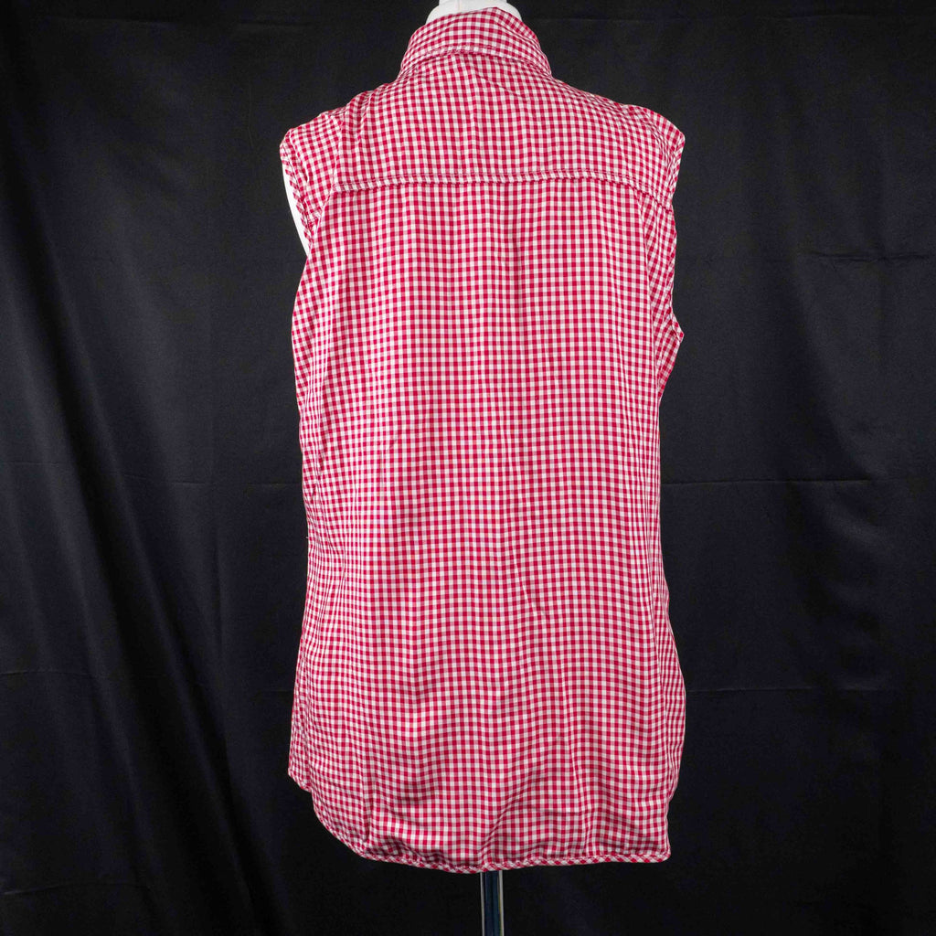 Marks & Spencer red and white gingham sleeveless shirt with classic collar and chest pocket.
