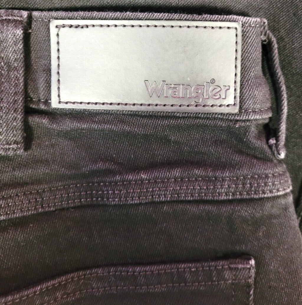 Wrangler black straight leg jeans with zip/button fly and five pockets.