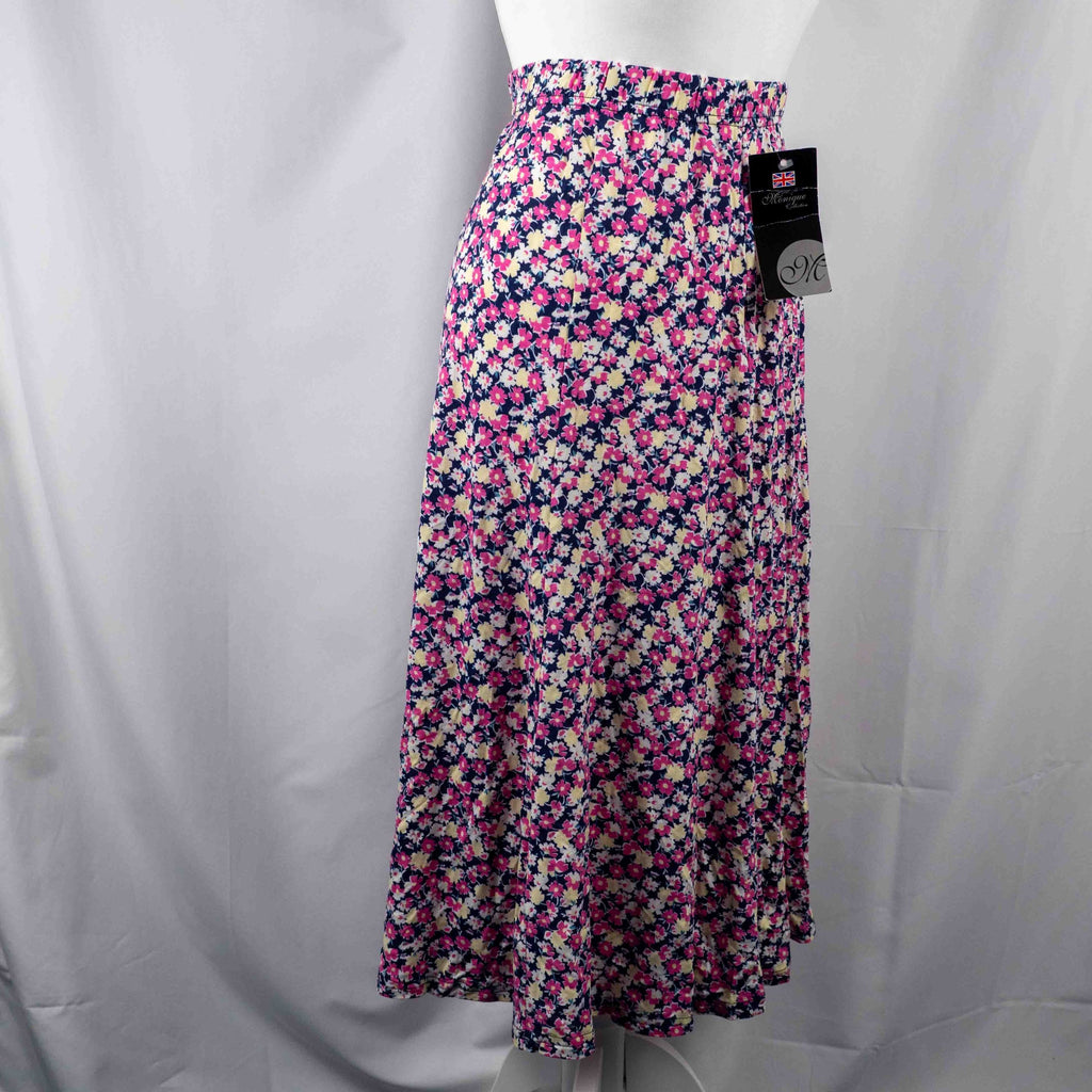 Monique Collection pink floral midi skirt with elastic waistband and soft viscose blend.