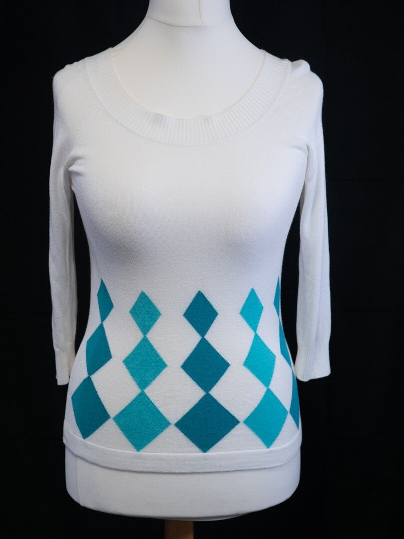 Next Women's Scoop Neck Jumper White/Turquoise UK12 Pre-Owned