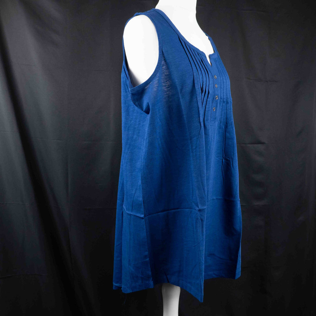 Yours navy blue sleeveless tunic top with scoop neckline and button placket details.
