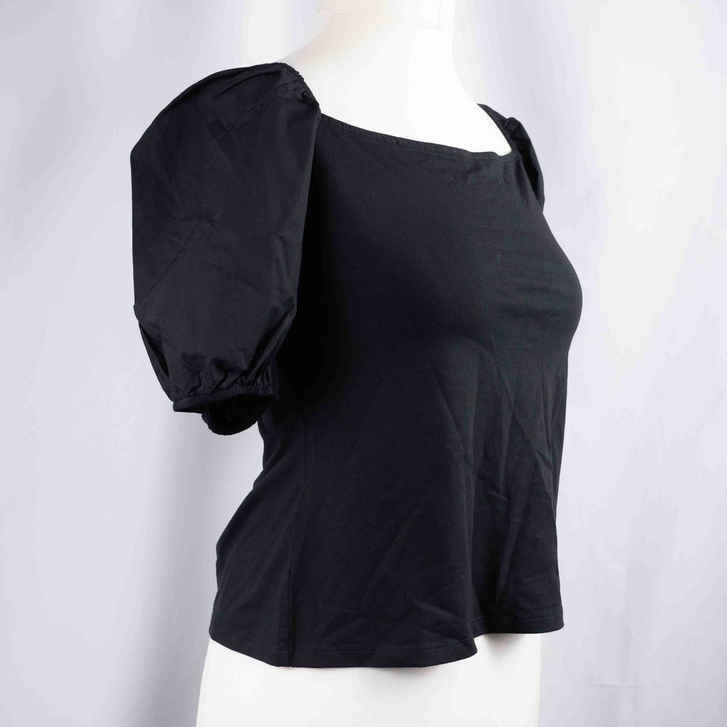H&amp;M Black Puff Sleeve Top Large Cotton Blend NWT
