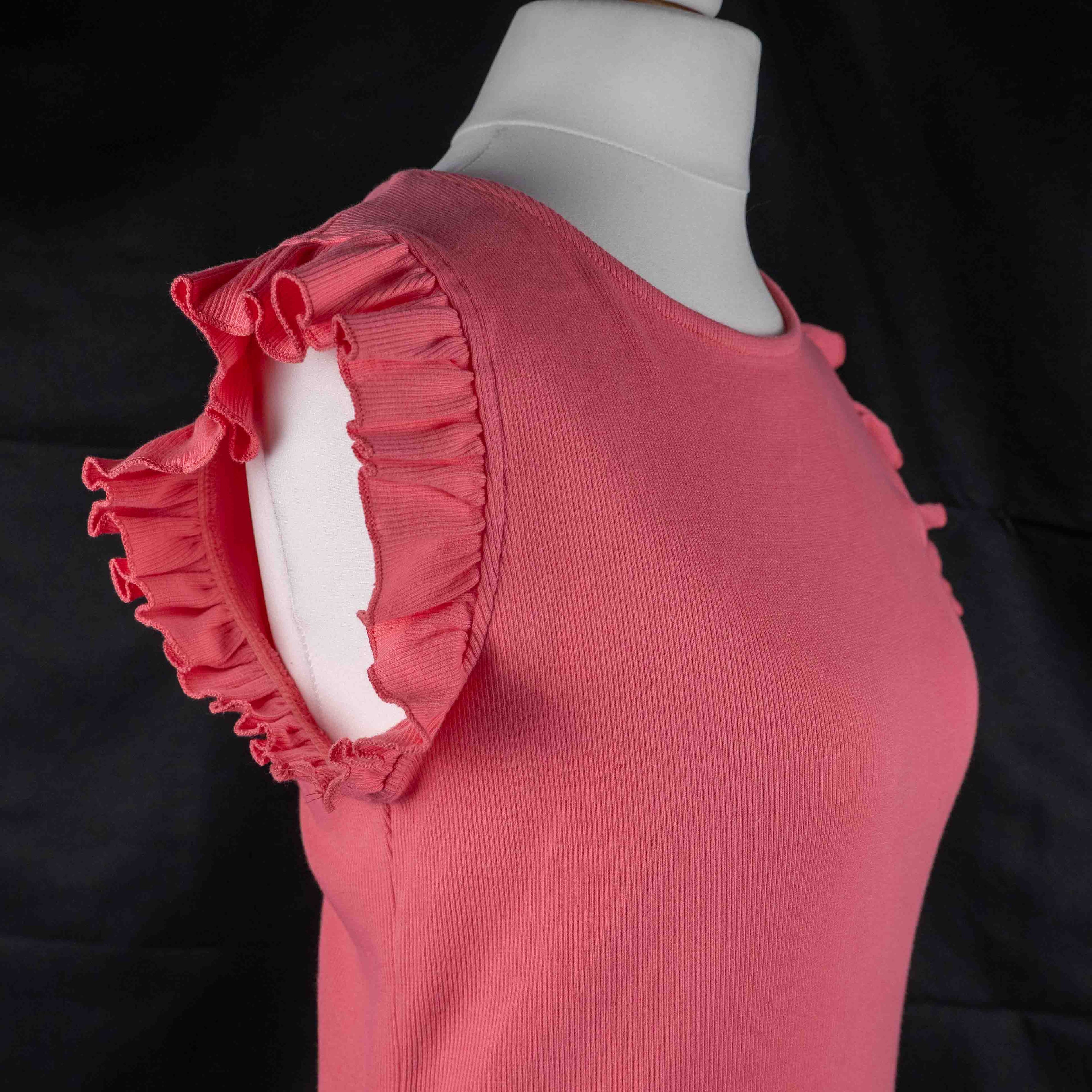 Papaya pink midi dress with short ruffle sleeves, soft cotton-elastane blend.