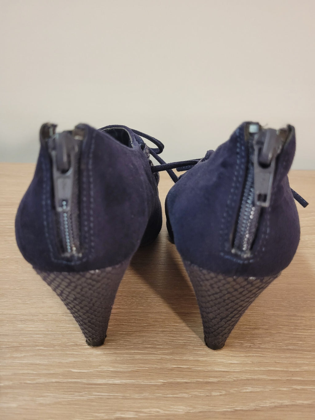 M&amp;S Ankle Shoes UK 4 Navy Suede Lace Detail Back Zip Pre-Owned