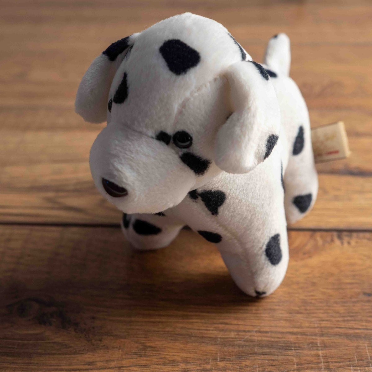 Keel Toy Company Dalmatian stuffed animal white with black spots, soft plush material.