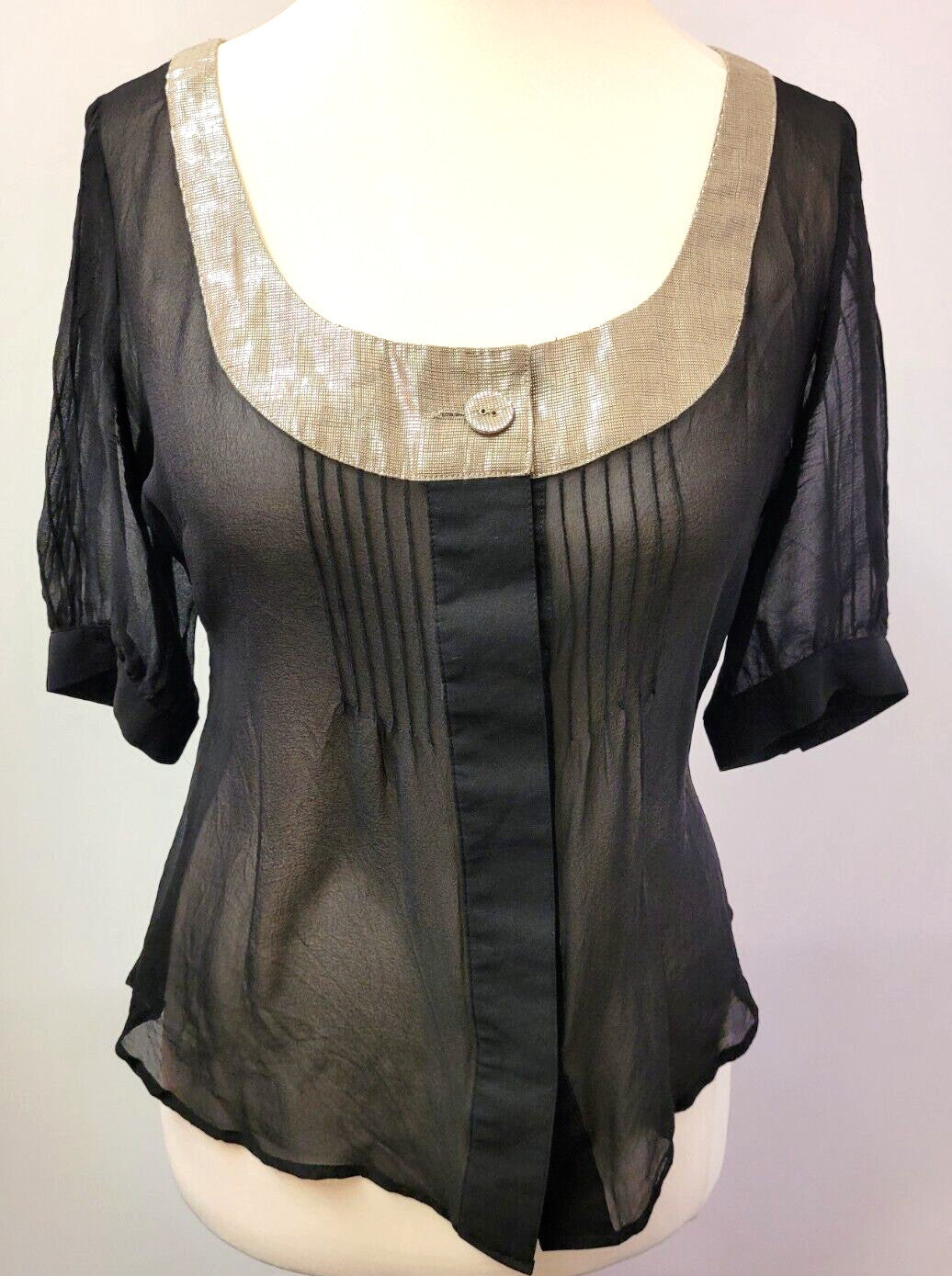 Warehouse Blouse UK10 Black/Silver Scoop Neck Line Sheer Short Sleeve Pre-Owned