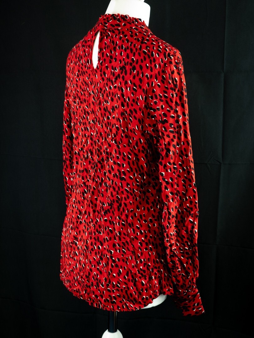 New Look red blouse with black accents, high neck, single button, 100% viscose.