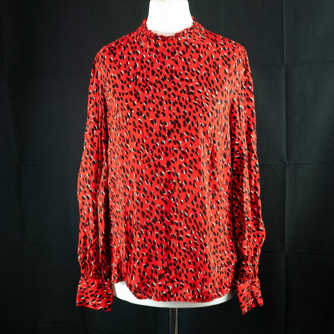 New Look red blouse with black accents, high neck, single button, 100% viscose.