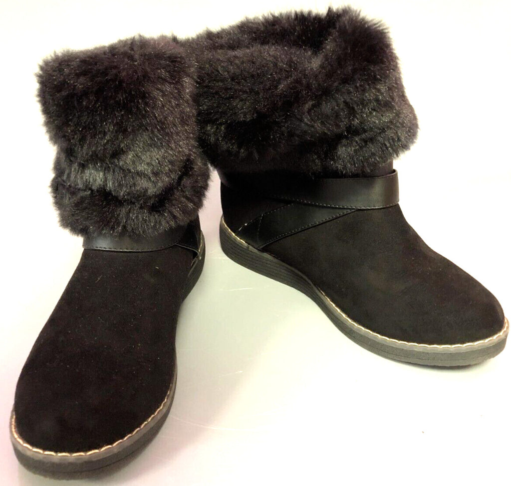F&amp;F Ankle Boots UK4 Black Faux Fur Trim Flat Heel Pull On  Pre-owned
