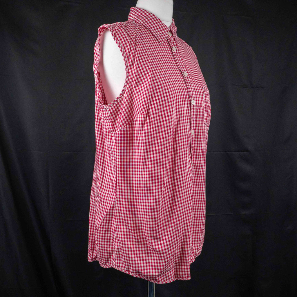 Marks & Spencer red and white gingham sleeveless shirt with classic collar and chest pocket.