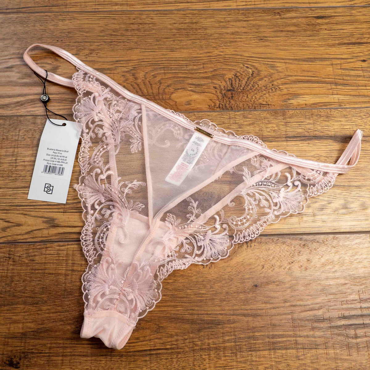 Bluebella pink lace briefs with floral embroidery and brand tag, size UK 20.