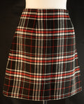 Papaya tan mini skirt black, red, and white checked pattern with zip and button closure.