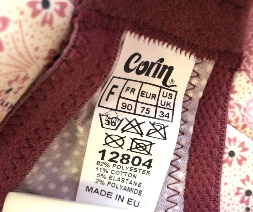 Corin Bra 34F Pink/Brown Plunge Underwired Padded Floral Print Madi 12804 BNWT