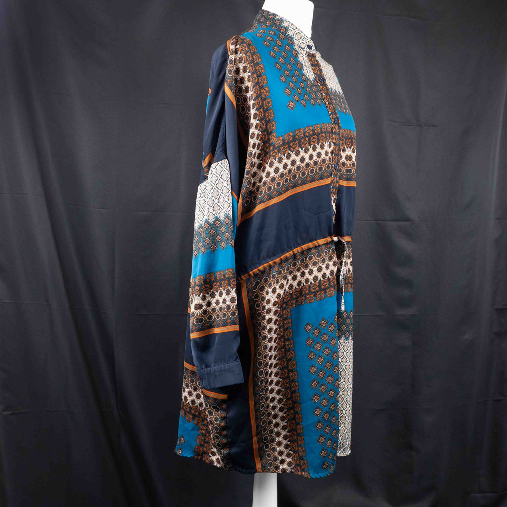 Boohoo women's A-line dress blue brown geometric pattern button-front drawstring waist