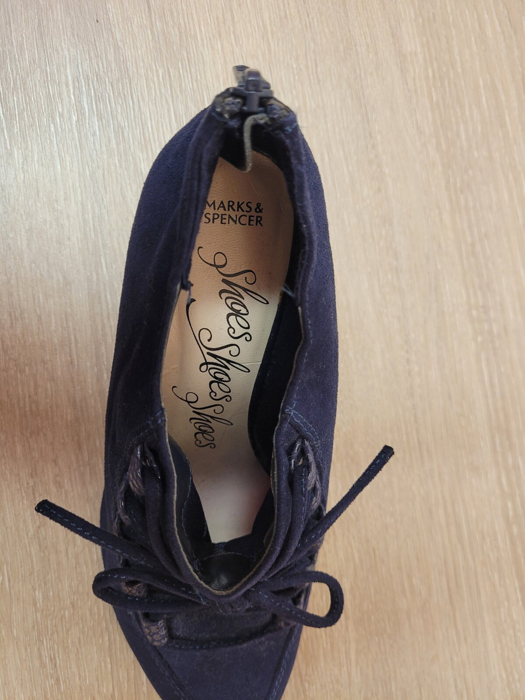 M&amp;S Ankle Shoes UK 4 Navy Suede Lace Detail Back Zip Pre-Owned