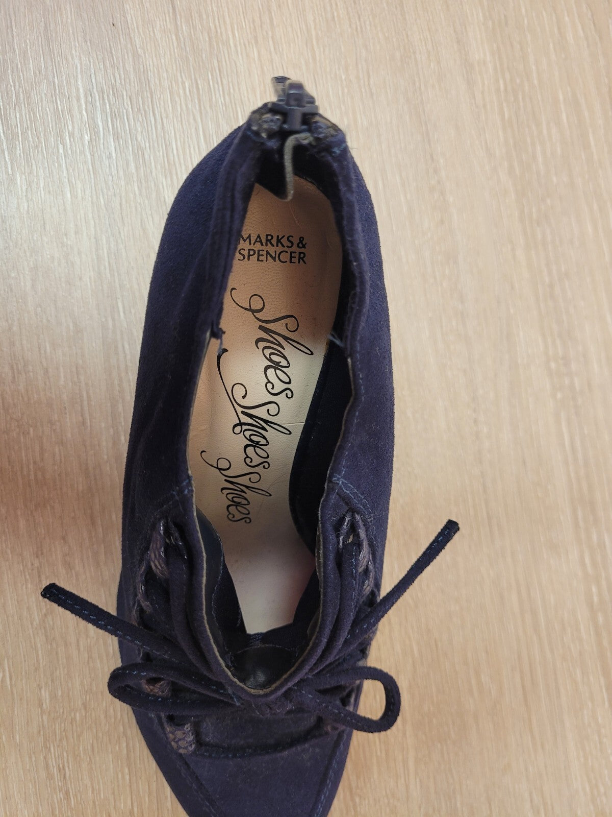 M&amp;S Ankle Shoes UK 4 Navy Suede Lace Detail Back Zip Pre-Owned