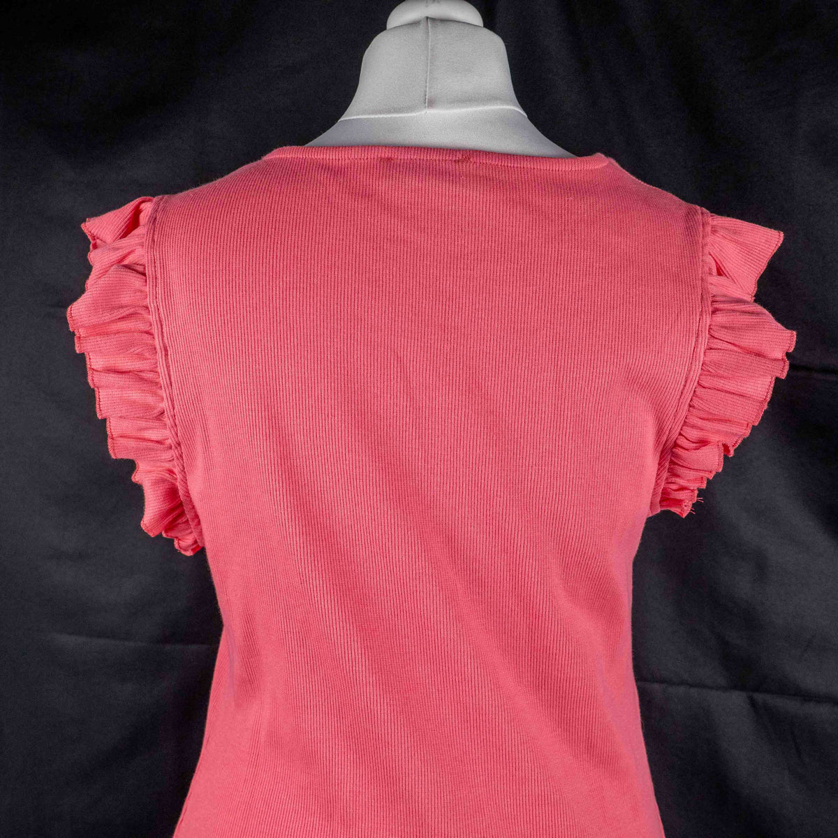 Papaya pink midi dress with short ruffle sleeves, soft cotton-elastane blend.