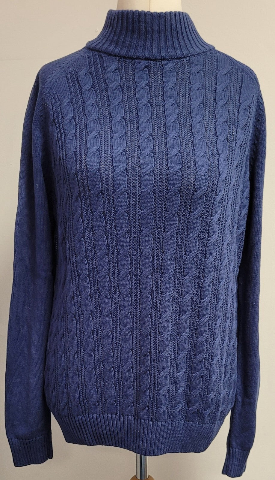 COTTON TRADERS Jumper UK-Medium Blue Turtle Neck Cable Knit  Cotton Pre-Owned