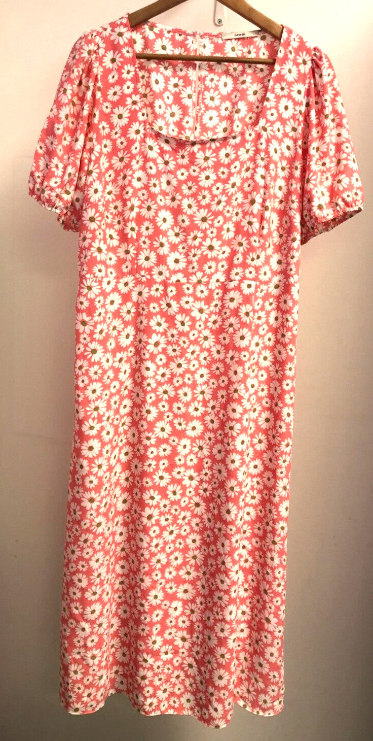George  Dress UK16 Coral Daisy Print Midi Side Split Square Neck Pre-Owned