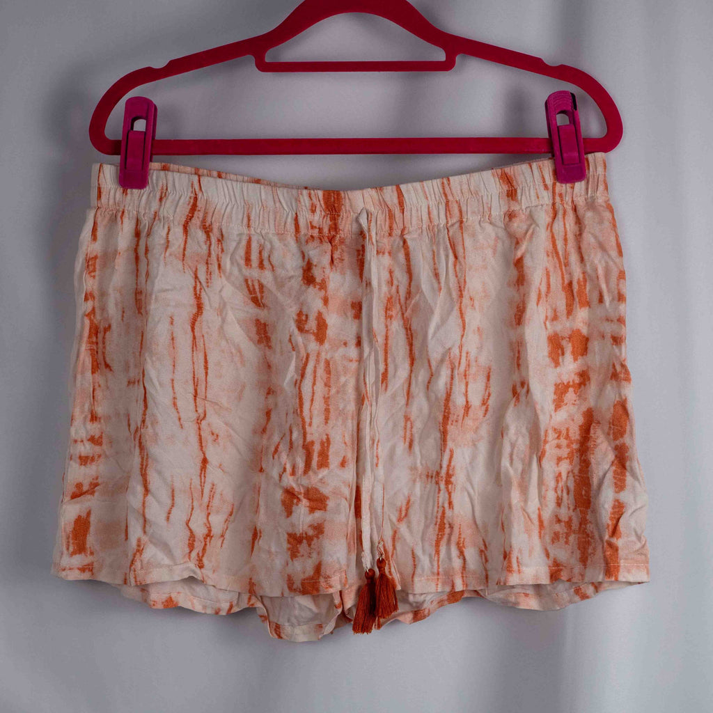 Lingadore orange and white tie-dye pyjama shorts with elastic waistband and drawstring tassels.
