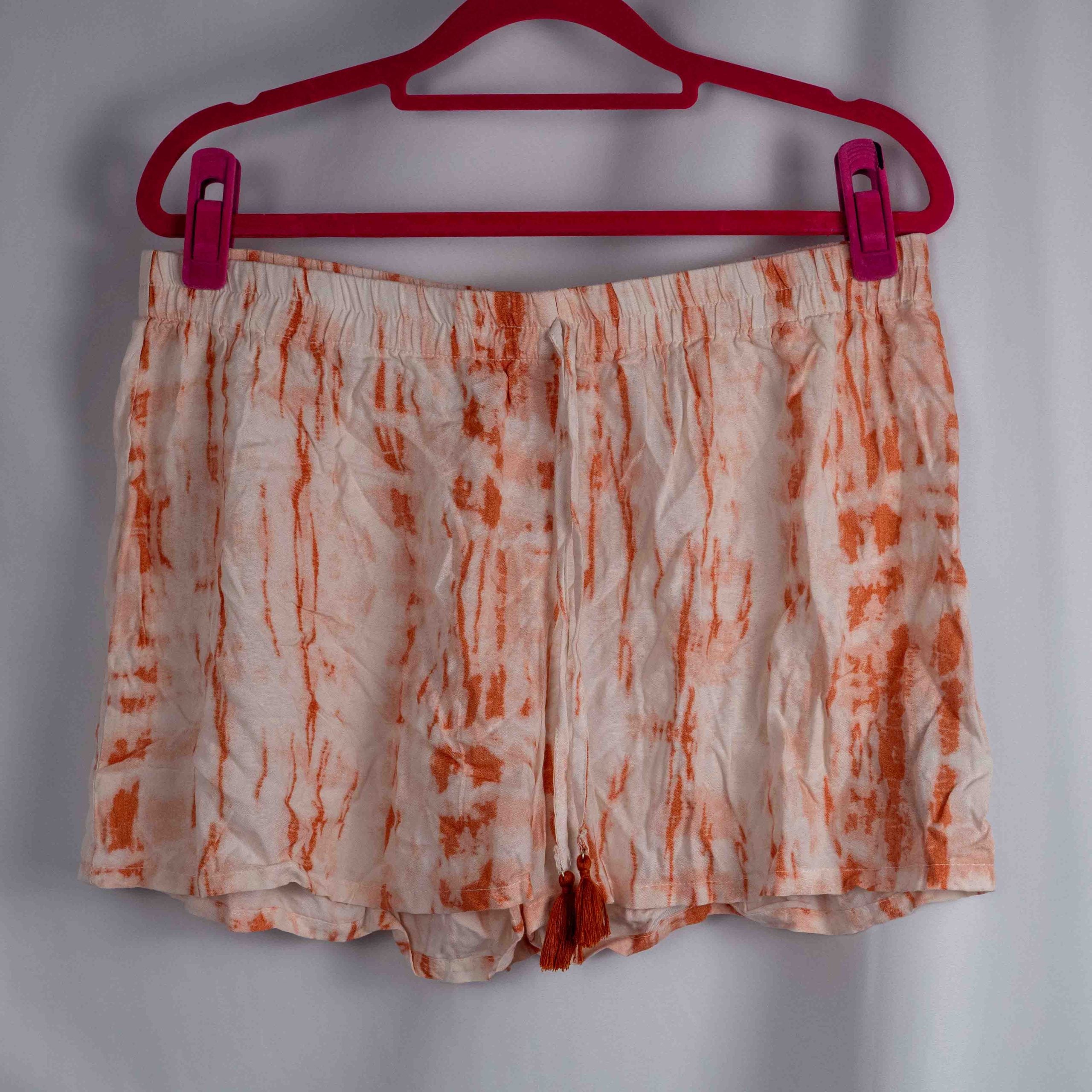 Lingadore orange and white tie-dye pyjama shorts with elastic waistband and drawstring tassels.