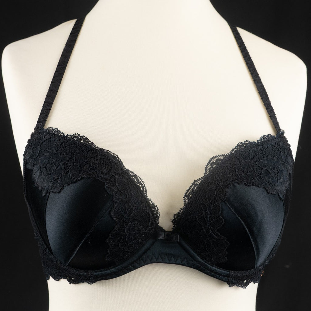 F&amp;F Bra 32C Black Plunge Silk Blend Underwired Padded New with Tags