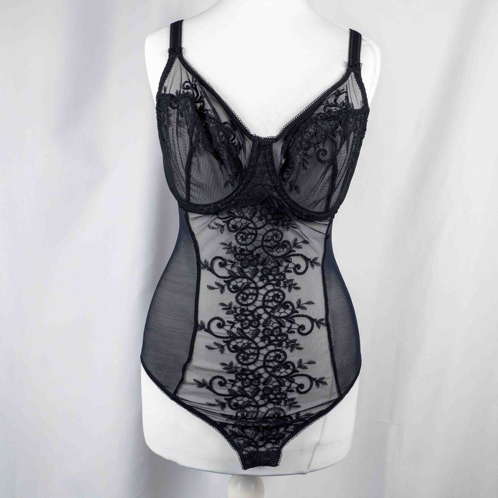 Empreinte black shapewear bodysuit with lace detailing, underwired cups, adjustable straps.