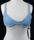 Bershka blue bikini top with line pattern, underwired, padded, and back buckle closure.