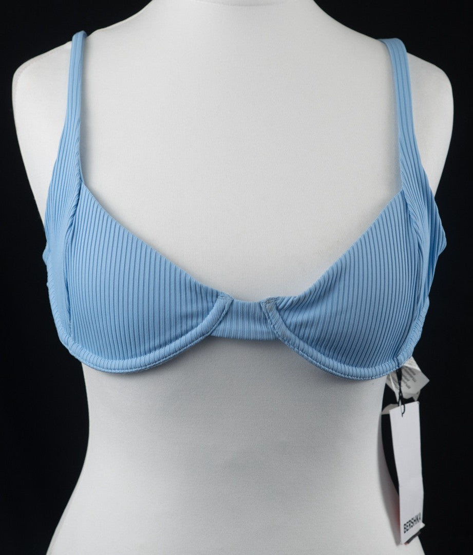 Bershka blue bikini top with line pattern, underwired, padded, and back buckle closure.