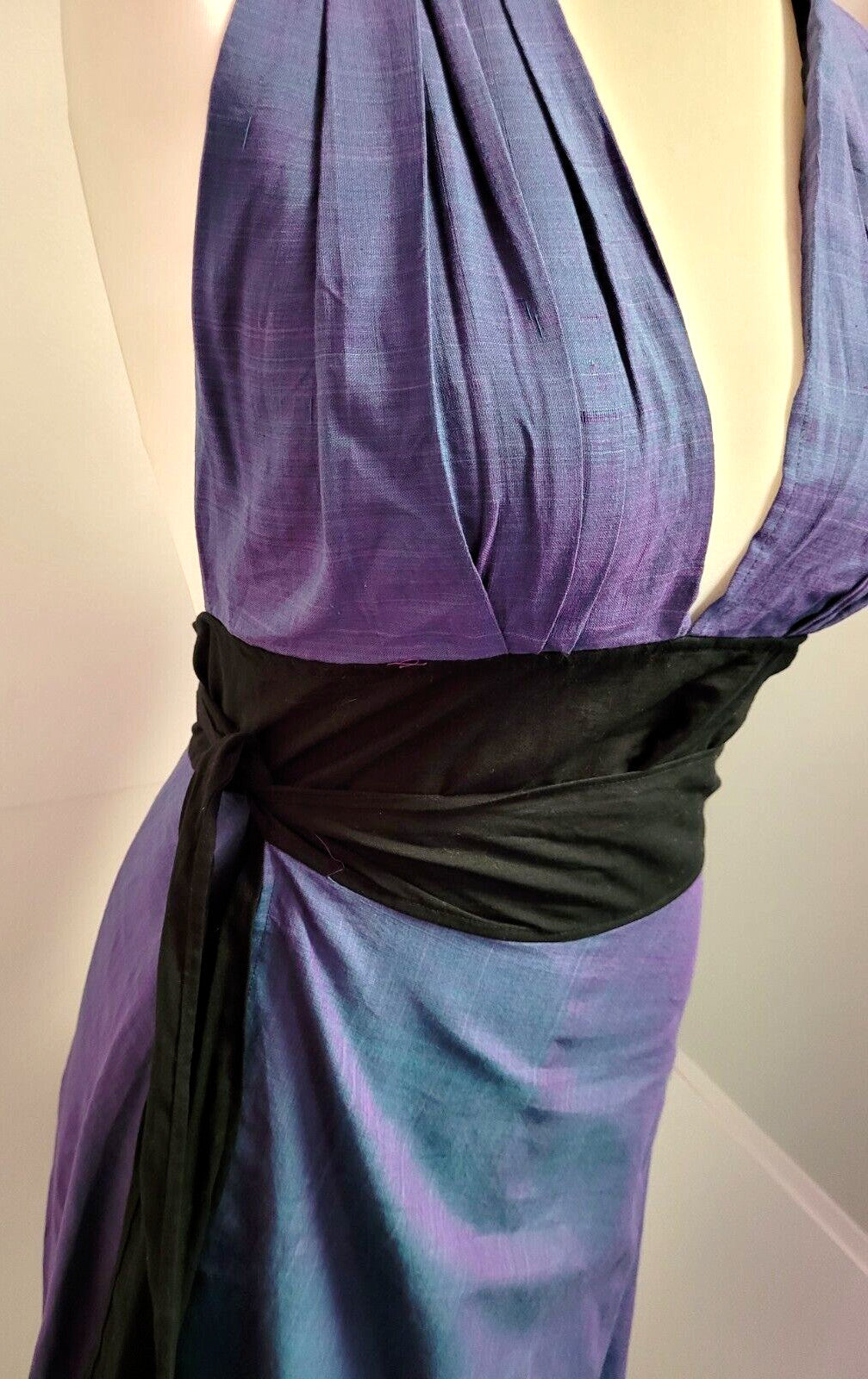 Halterneck Wrap Dress Small Purple Black Sash V-Neck 100% Cotton Pre-Owned