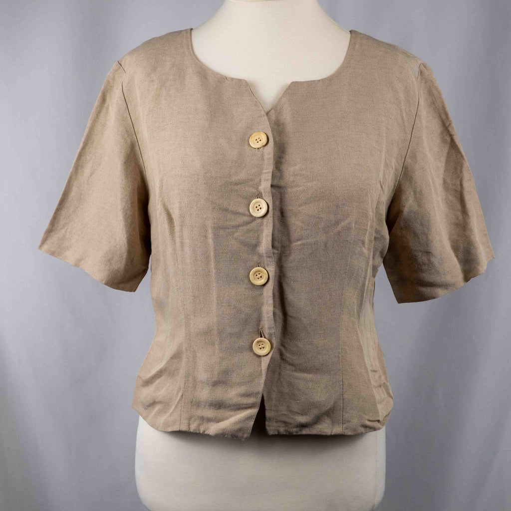 Jaeger beige linen tunic blouse with wooden buttons and back vent detail.