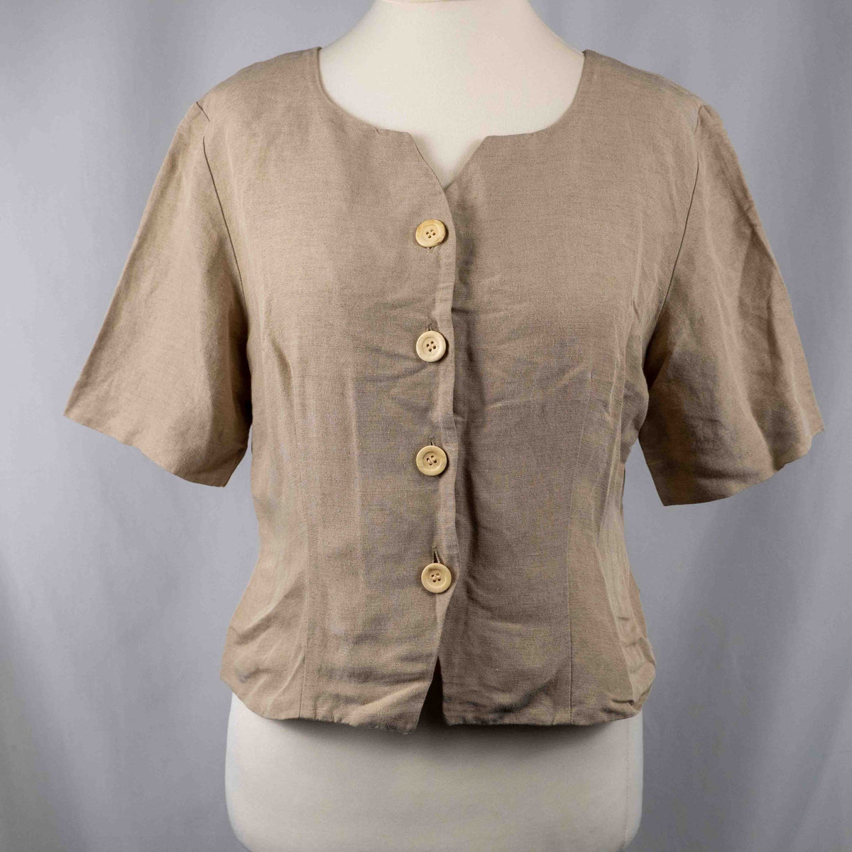 Jaeger beige linen tunic blouse with wooden buttons and back vent detail.