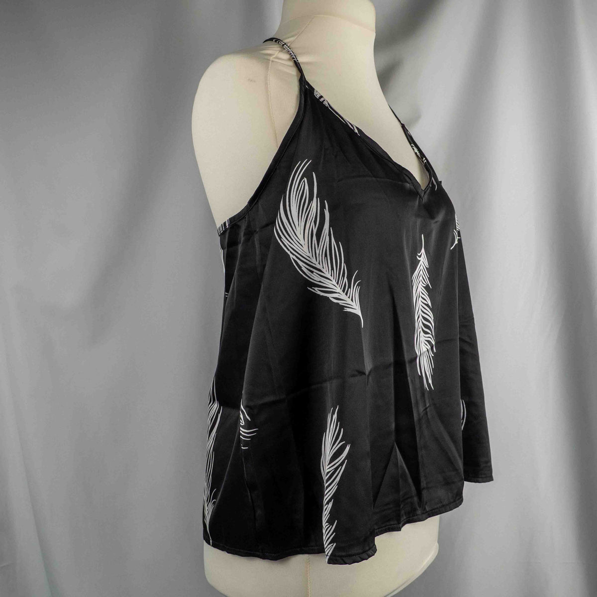 Bluebella loungewear set black with white feather print, adjustable straps, elastic waistband.
